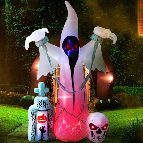 8 FT Large Halloween Inflatable - White Ghost with Red Rotated Lights, Blow up H - Picture 1 of 6